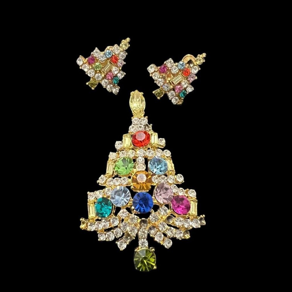 Christmas Tree Brooch and Earrings Set Multi-Color Rhinestones See Video